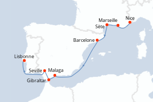 carte itinéraire croisière Atlantique 10 jours au départ du port de Nice