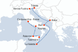 carte itinéraire croisière Sicile 10 jours au départ du port de Venise Fusina