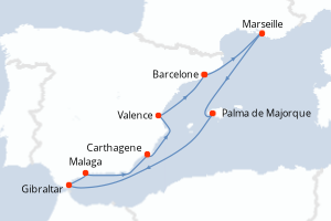 Carte de l'itinéraire de croisière Barcelone-Barcelone d'une durée de 10 jours