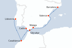 carte itinéraire croisière Atlantique 9 jours au départ du port de Barcelone
