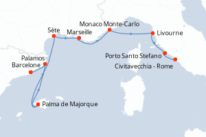 carte itinéraire croisière Méditerranée 10 jours au départ du port de Barcelone
