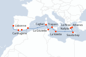 carte itinéraire croisière Atlantique 15 jours au départ du port de Le Piree - Athenes