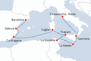 carte itinéraire croisière Sicile 11 jours au départ du port de Civitavecchia - Rome