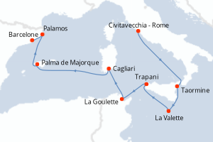carte itinéraire croisière Sicile 10 jours au départ du port de Civitavecchia - Rome