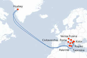 carte itinéraire croisière Sicile 10 jours au départ du port de Civitavecchia - Rome