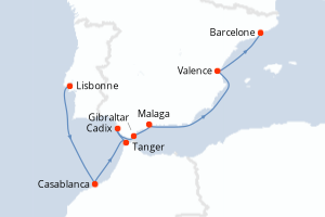 carte itinéraire croisière Méditerranée 10 jours au départ du port de Lisbonne