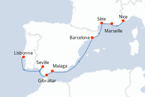 carte itinéraire croisière Méditerranée 10 jours au départ du port de Lisbonne