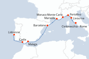 carte itinéraire croisière Méditerranée 10 jours au départ du port de Lisbonne