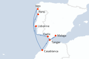 Carte de l'itinéraire de croisière Lisbonne-Lisbonne d'une durée de 10 jours