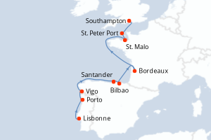 Carte de l'itinéraire de croisière Lisbonne-Southampton d'une durée de 12 jours
