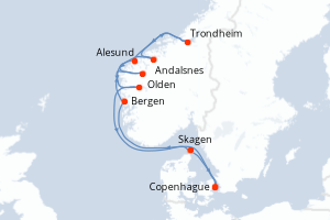 Carte de l'itinéraire de croisière Copenhague-Copenhague d'une durée de 10 jours