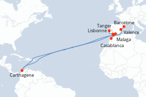 Carte de l'itinéraire de croisière Barcelone-Lisbonne d'une durée de 10 jours