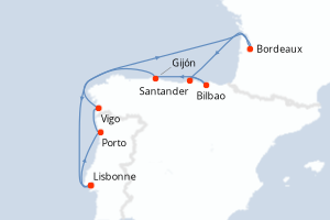 carte itinéraire croisière Atlantique 10 jours au départ du port de Lisbonne