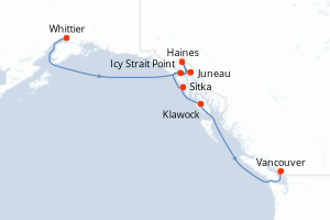 Carte de l'itinéraire de croisière Whittier-Vancouver d'une durée de 9 jours