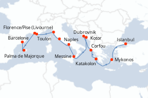 carte itinéraire croisière Sicile 14 jours au départ du port de Istanbul