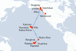 carte itinéraire croisière Tahiti 30 jours au départ du port de Vancouver