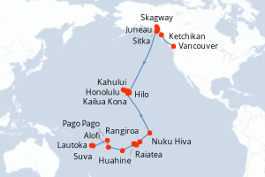 carte itinéraire croisière Australie Nouvelle Zélande 40 jours au départ du port de Vancouver