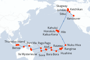 carte itinéraire croisière Asie 58 jours au départ du port de Vancouver