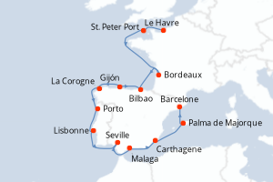 carte itinéraire croisière Méditerranée 14 jours au départ du port de Le Havre