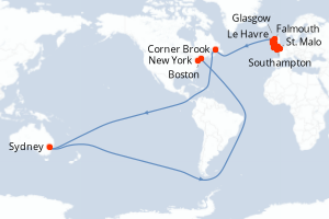 carte itinéraire croisière Transatlantique 18 jours au départ du port de Southampton