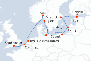 carte itinéraire croisière Baltique 14 jours au départ du port de Southampton