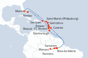 carte itinéraire croisière Caraïbes Bahamas 25 jours au départ du port de Miami
