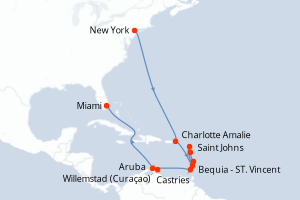 carte itinéraire croisière Caraïbes Bahamas 14 jours au départ du port de New York