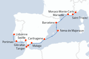 carte itinéraire croisière Atlantique 12 jours au départ du port de Monaco Monte-Carlo