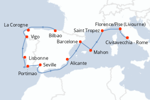 carte itinéraire croisière Méditerranée 14 jours au départ du port de Bilbao
