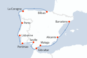 carte itinéraire croisière Méditerranée 9 jours au départ du port de Bilbao