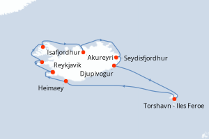 carte itinéraire croisière Europe du Nord 10 jours au départ du port de Reykjavik