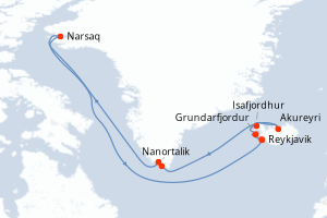 carte itinéraire croisière Europe du Nord 10 jours au départ du port de Reykjavik