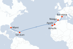 carte itinéraire croisière Transatlantique 15 jours au départ du port de Barcelone