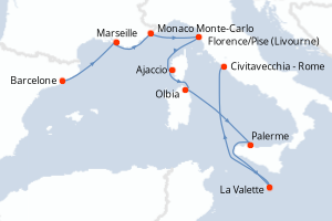 carte itinéraire croisière Sicile 9 jours au départ du port de Barcelone