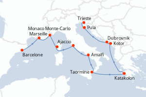 carte itinéraire croisière Sicile 12 jours au départ du port de Barcelone