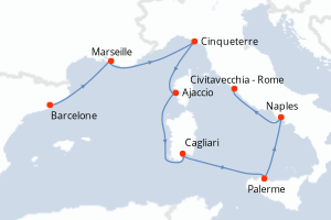 Carte de l'itinéraire de croisière Barcelone-Civitavecchia - Rome d'une durée de 7 jours