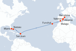 carte itinéraire croisière Transatlantique 15 jours au départ du port de Barcelone