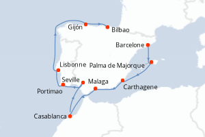 carte itinéraire croisière Méditerranée 10 jours au départ du port de Barcelone