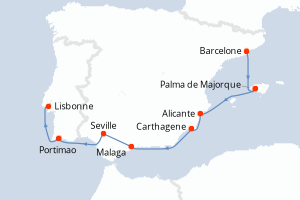 carte itinéraire croisière Atlantique 7 jours au départ du port de Barcelone