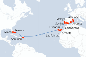 carte itinéraire croisière Transatlantique 22 jours au départ du port de Barcelone