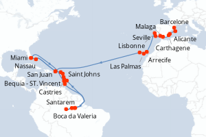 carte itinéraire croisière Transatlantique 47 jours au départ du port de Barcelone