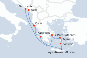 carte itinéraire croisière Méditerranée 10 jours au départ du port de Le Piree - Athenes