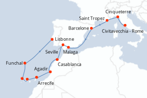 carte itinéraire croisière Atlantique 14 jours au départ du port de Civitavecchia - Rome