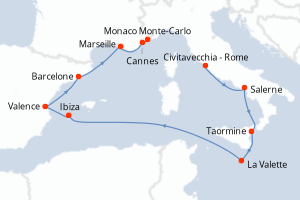 carte itinéraire croisière Sicile 10 jours au départ du port de Civitavecchia - Rome