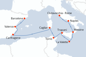 carte itinéraire croisière Sicile 10 jours au départ du port de Civitavecchia - Rome