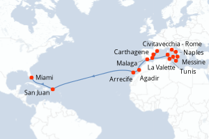 carte itinéraire croisière Transatlantique 25 jours au départ du port de Civitavecchia - Rome