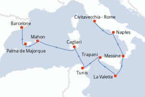 carte itinéraire croisière Sicile 10 jours au départ du port de Civitavecchia - Rome