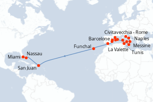 carte itinéraire croisière Transatlantique 25 jours au départ du port de Civitavecchia - Rome