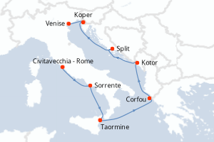 carte itinéraire croisière Sicile 7 jours au départ du port de Civitavecchia - Rome