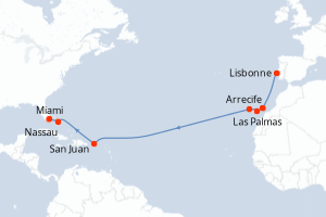 carte itinéraire croisière Caraïbes Bahamas 15 jours au départ du port de Lisbonne
